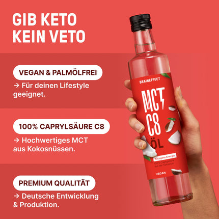 BRAINEFFECT MCT eļļa C8 (500 ml) – ražo par 300% vairāk ketonu nekā citas MCT eļļas (100% C8) – ketogēna diēta – tīrs kokosriekstu eļļas ekstrakts – ideāli piemērota ketogēnai diētai un necaurlaidīgai kafijai