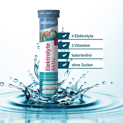 sanotact Electrolytes Active - 20 putojošās elektrolītu tabletes ar magniju, nātriju un kāliju. Bez kalorijām, bez cukura, vegāns. Laima-greipfrūtu garša.