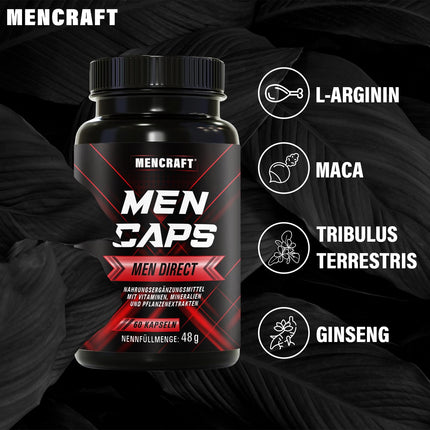 MENCRAFT MEN DIRECT - Vīriešu īpaši stipras kapsulas - INSTANT formula ar augstu devu - ar L-arginīnu, maka, Tribulus Terrestris, žeņšeņu, 60 kapsulas
