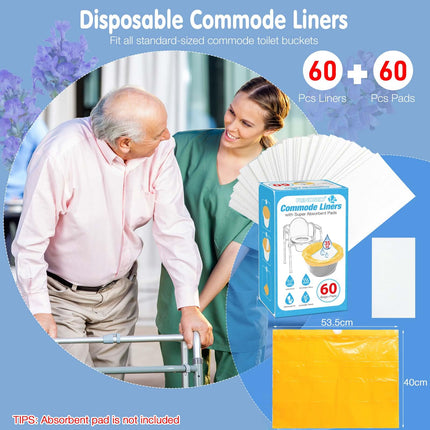 RINOZO 60 gab. īpaši absorbējoši tualetes poda paliktņi naktsskapīšiem, universāli piemēroti visiem standarta pārnēsājamo tualetes podu spaiņiem, vienreizlietojami atkritumu maisi, 60 gab. maisiņi + 60 gab. paliktņi