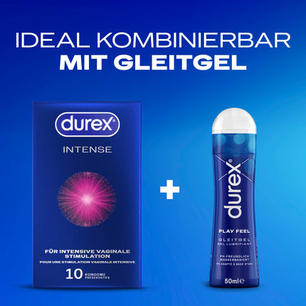 [JAUNS] Durex Intense prezervatīvi – ērtai piegulšanai, drošam seksam un lieliskai lubrikācijai ar izciļņiem, ribām un lielu daudzumu Desirex gēla, anatomiska Easy-On forma – 10 gab. iepakojumā (1 x 10 gab.)