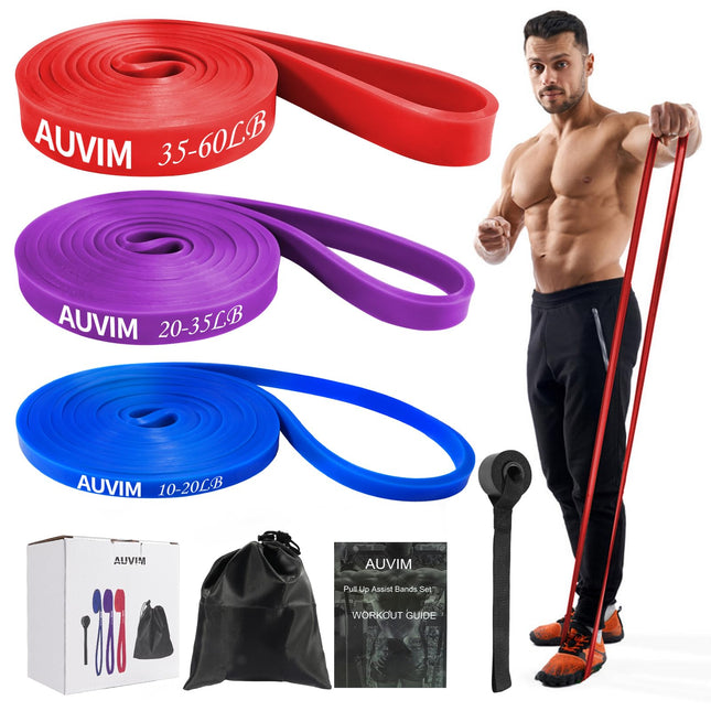 AUVIM pretestības lentu komplekts Fitnesa lentes 3 dažādi pretestības lentu līmeņi spēka treniņiem, stiepšanās vingrinājumiem, kalistenikai, krosfitnesam, Pilates, jogai, ieskaitot durvju enkura uzglabāšanas maisiņu