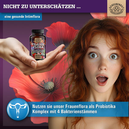 FRAUENFLORA® Intīmās floras komplekss 200 miljardi CFU/g — SVARĪGI: Laboratorijā pārbaudīti 4 baktēriju celmi Lactobacillus reuteri, rhamnosus, crispatus, acidophilus — zarnās šķīstošs apvalks — SCHEUNENGUT®