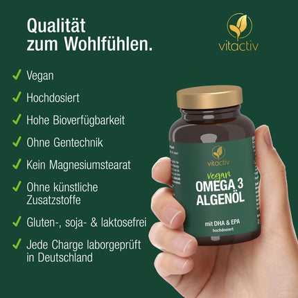 VITACTIV Omega 3 aļģu eļļas kapsulas - 60 kapsulas - jūras Omega 3 vegāns, augsta deva ar 1000 mg mikroaļģu eļļas vienā dienas devā - 450 mg Omega-3 taukskābes DHA un EPA (2:1) - sirdij, smadzenēm, acīm - laboratoriski pārbaudīts
