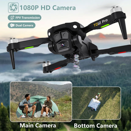 Toladrone drons ar kameru 1080P, drons ar bezkontaktu motoru, augstuma noturēšana, bezgalvas režīms, 2 kameras, salokāmi FPV droni, RC kvadrokopteris iesācējiem, TD12Pro