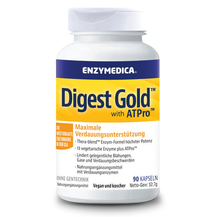 Enzymedica - Digest Gold, ātras darbības enzīmu formula, samazina gāzu veidošanos un vēdera uzpūšanos, uzlabo barības vielu uzsūkšanos un enerģiju, bez glutēna, bez piena produktiem, veģetārs, 90 kapsulas