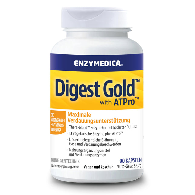 Enzymedica - Digest Gold, ātras darbības enzīmu formula, samazina gāzu veidošanos un vēdera uzpūšanos, uzlabo barības vielu uzsūkšanos un enerģiju, bez glutēna, bez piena produktiem, veģetārs, 90 kapsulas