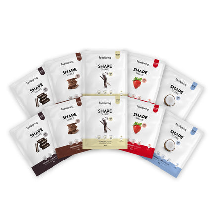 Foodspring Shape Shake, 10 iepakojumi, 10 x 60 g, maltītes aizstājējs svara zaudēšanai*, augsts olbaltumvielu saturs, 24 vitamīni un minerālvielas