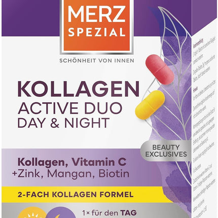 Merz Spezial Kollagen Active Duo Day &amp; Night – skaistuma kompleksa tabletes ar kolagēnu, C vitamīnu, cinku, mangānu + biotīnu – uztura bagātinātājs ar divkāršu formulu – 1 x 112 tabletes