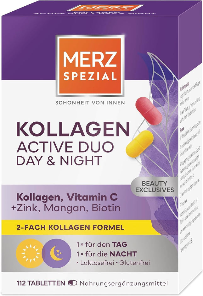 Merz Spezial Kollagen Active Duo Day &amp; Night – skaistuma kompleksa tabletes ar kolagēnu, C vitamīnu, cinku, mangānu + biotīnu – uztura bagātinātājs ar divkāršu formulu – 1 x 112 tabletes