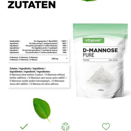 D-mannozes pulveris - 250 g - (4,1 mēneša piegāde) - No augu fermentācijas - Laboratorijā pārbaudīts - Tīrs un dabīgs - Bez piedevām - Vegāns