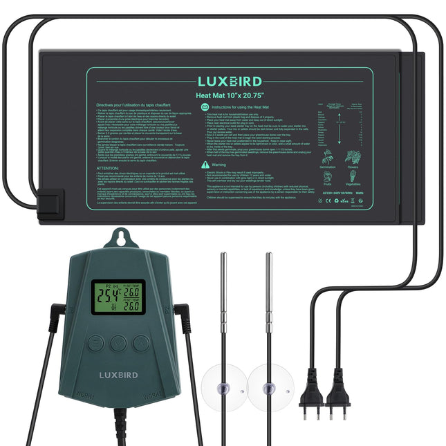 Luxbird apkures paklājiņš ar termostata regulatoru augu un stādu dīgšanai, apkures paklāju komplekts, 2 gabali, 21 W iekštelpu siltumnīcas apkures paklājiņš 10"x20,75", automātiska temperatūras kontrole