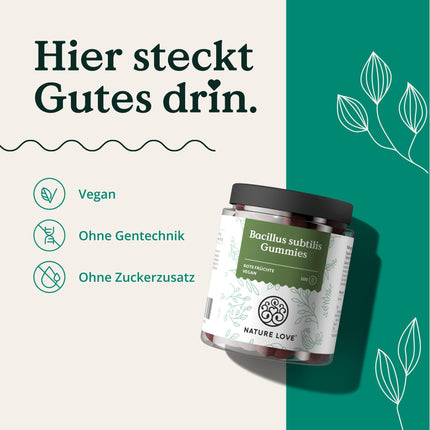 NATURE LOVE® Bacillus Subtilis gumijas konfektes - 100 gabaliņi - Gada mikrobs 2023 - no dabīgiem augļu sulu koncentrātiem - 96,5% augļu saturs - 3 miljardi CFU dienā - vegānisks, laboratoriski pārbaudīts