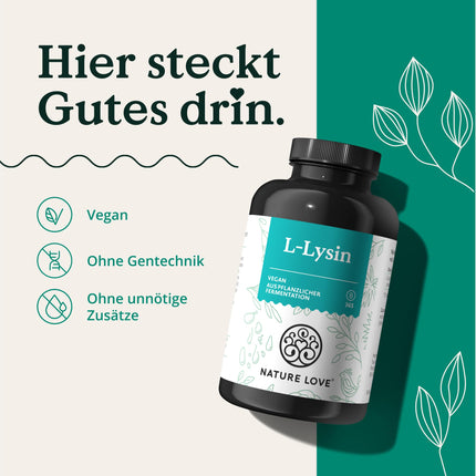 NATURE LOVE® L-lizīns - 365 vegānas kapsulas - 1000 mg L-lizīna HCl vienā dienas devā - Lizīns no augu fermentācijas - 6 mēnešu krājumi - Laboratorijā pārbaudīts, bez piedevām un ražots Vācijā