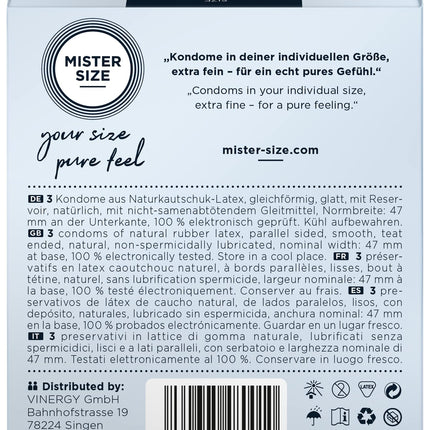 MISTER SIZE prezervatīvi – īpaši plāni un ultraplāni – reālistiska sajūta un īpaši mitri – ideāli pieguļ – izgatavoti no dabīgā kaučuka lateksa dabiskai sajūtai un maksimālai drošībai (3 gab. iepakojumā, 47 mm)