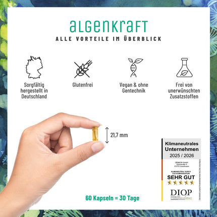 NATURTREU® Algenkraft - Vegānisks Omega 3 no aļģu eļļas – 1000 mg Omega 3 aļģu eļļas no ilgtspējīgām kultūrām – Mikroaļģu eļļa ar augstu DHA un EPA devu optimālā attiecībā – Laboratorijā pārbaudīts