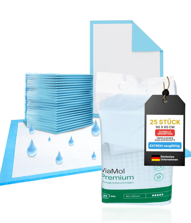 ViaMol® Premium vienreizējās lietošanas ieliktņi urīna nesaturēšanai – 25 x pārtinamie ieliktņi – mīksti un ērti, absorbējoši 1400 ml/m² – Premium medicīniskie ieliktņi 60x90 cm, 5 slāņu