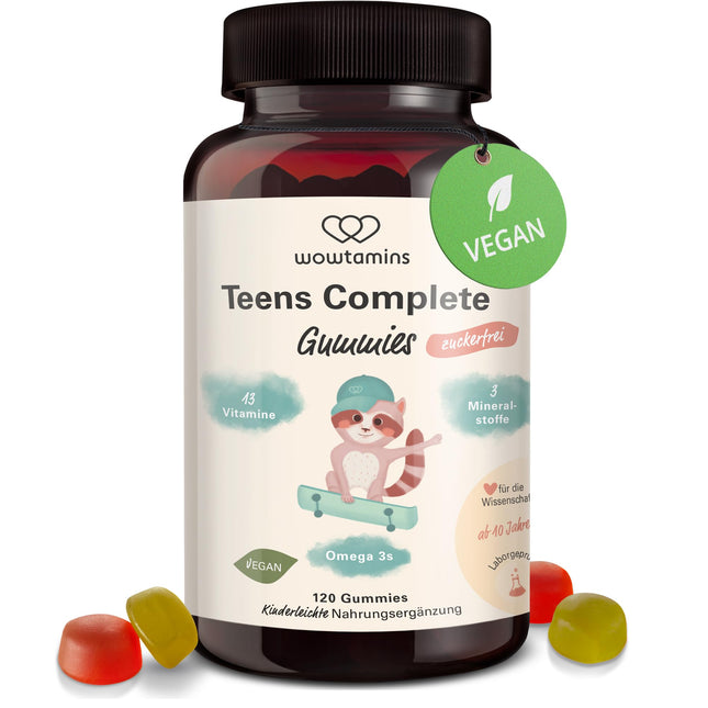 wowtamins Teens Complete bez cukura - vitamīni pusaudžiem (30 dienu piegāde) - multivitamīnu gumijas konfektes ar Omega 3 - uztura bagātinātājs imūnsistēmai ar C, D3, B12 vitamīniem, cinku un citiem vitamīniem