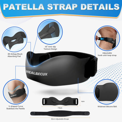 Healrecux Patellar Tendon Brace, ceļa locītavas ortoze Patella ceļgala atbalstam futbolam, basketbolam, skriešanai, tenisam, tendinīta, volejbola un pietupieniem, Patellar Tendon ceļgala atbalsts, melns