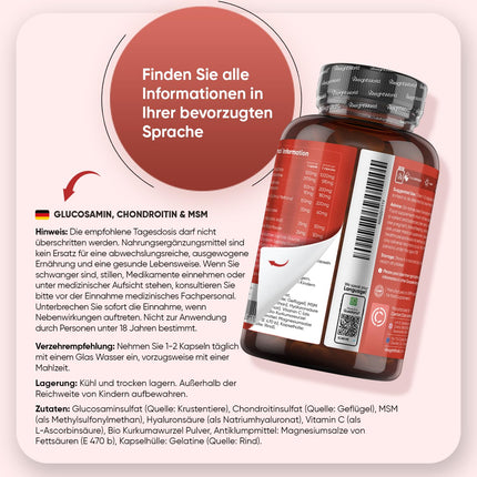 Glikozamīns, hondroitīns un MSM - 180 kapsulas - C vitamīns veicina normālu kolagēna veidošanos kaulu un skrimšļu funkcijai (EFSA) - Ar kurkumu un hialuronskābi - WeightWorld