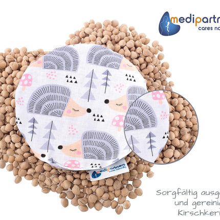 Medi Partners ķiršu akmens spilvens, siltuma spilvens, graudu spilvens mazuļiem, 180g, apaļš, 15cm, ekoloģiski dabīgs, 100% kokvilnas siltuma + aukstuma terapijas masāžas terapija (ezis)