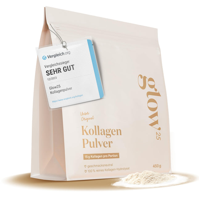 Glow25® kolagēna pulveris [450 g] - mūsu oriģinālais - kolagēna hidrolizāts - 1. un 3. tipa peptīdi - laba šķīdība - neitrāls