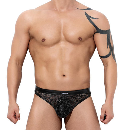 Casey Kevin string tanga vīriešu mežģīņu stringi vīriešiem caurspīdīga PU ādas apakšveļa mitrā izskata G-string bikini ar T-veida muguru