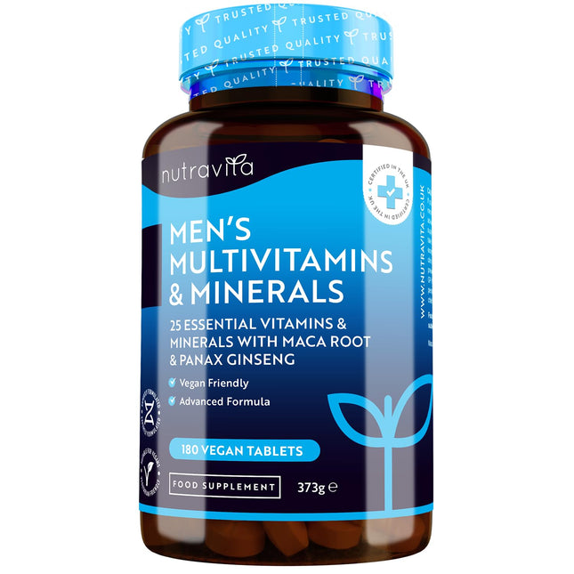 Multivitamīni un minerālvielas vīriešiem - 25 svarīgi aktīvi vitamīni un minerālvielas ar makas sakni un Panax žeņšeņu - 180 vegānu multivitamīnu tabletes - augsta deva - Nutravita
