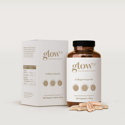 Glow25® kolagēna kapsulas ar augstu devu [180 kapsulas] ar hialuronskābi un C vitamīnu | Augstākās kvalitātes kolagēna komplekss | Laboratorijā pārbaudīts