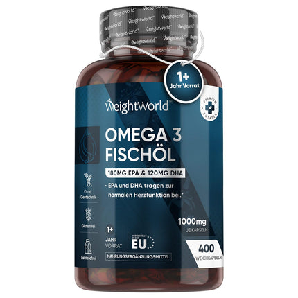 Omega 3 - 400 kapsulas 1+ gada lietošanai - 1000 mg zivju eļļas dienā - neaizvietojamās Omega 3 taukskābes ar EPA un DHA - sirdij, smadzenēm un asinsspiedienam (EFSA) - dabīga zivju eļļa no anšoviem - WeightWorld