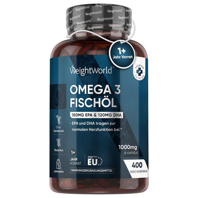 Omega 3 - 400 kapsulas 1+ gada lietošanai - 1000 mg zivju eļļas dienā - neaizvietojamās Omega 3 taukskābes ar EPA un DHA - sirdij, smadzenēm un asinsspiedienam (EFSA) - dabīga zivju eļļa no anšoviem - WeightWorld