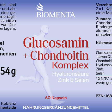 BIOMENTA glikozamīna + hondroitīna komplekss - 60 alergēnu nesaturošas augstas devas kapsulas ar glikozamīna sulfātu, augstas devas hondroitīna sulfātu + hialuronskābi, cinku, selēnu - augstākā kvalitāte