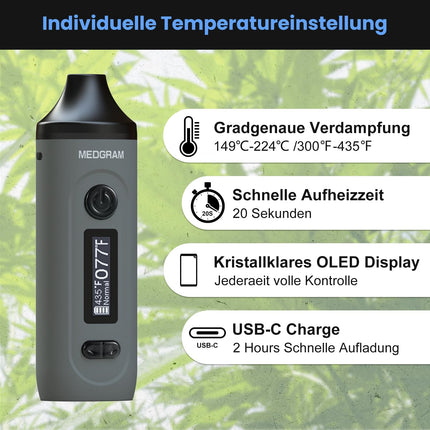 MEDGRAM augu izcelsmes vaporizators, augstākās kvalitātes pārnēsājams augu izcelsmes vaporizators, ātra uzsilšana, temperatūras kontroles tvaika vaporizators, 20 s uzsildīšanas laiks