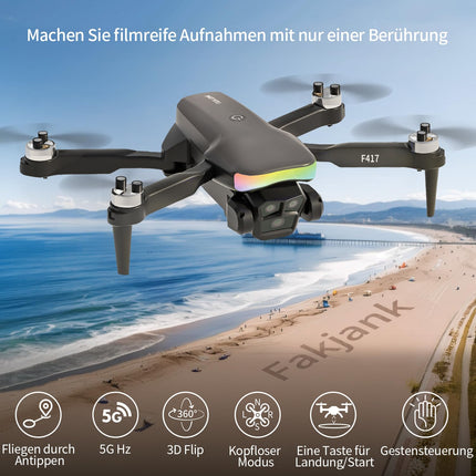 F417 drons ar 1080P kameru pieaugušajiem, 90° regulējams, RGB LED lente, WiFi FPV pārraide, divu kameru droni iesācējiem, bezkontaktu, RC kvadrokopters, ideāli piemērots iesācējiem un izklaidei brīvā dabā, rokassoma