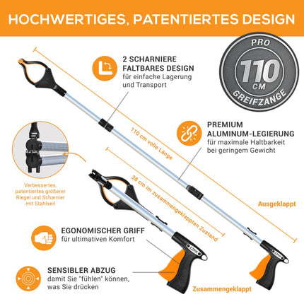 EZPIK 1 x 110 cm satvērējs senioriem ar magnētisku satvērēja roku, izturīgs satvērējs senioriem un cilvēkiem ar invaliditāti, rotējošas atkritumu satvērēja knaibles, palīgierīce ar stiprinājuma klipsi (1 iepakojums, sudrabs)