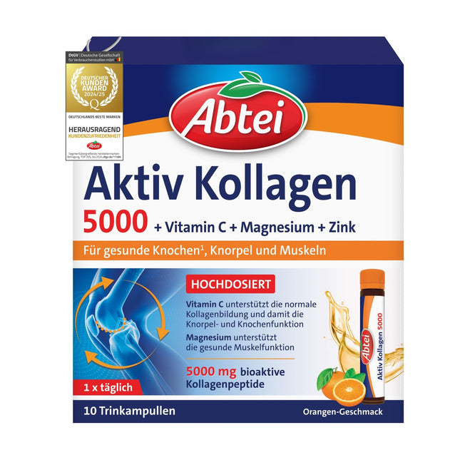 Abtei Active Collagen 5000 - veselīgiem kauliem, skrimšļiem un muskuļiem - ar C vitamīnu, magniju un cinku - bez cukura - 1 x 10 dzeršanas ampulas pa 25 ml katrā