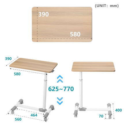 ETHU virsgultas galds uz riteņiem, regulējams augstums 62-77 cm, datorgalds ar regulējamu augstumu un riteņiem, darba vieta uz riteņiem dīvānam, gultai, bērnu istabai un mājas birojam (ozols)