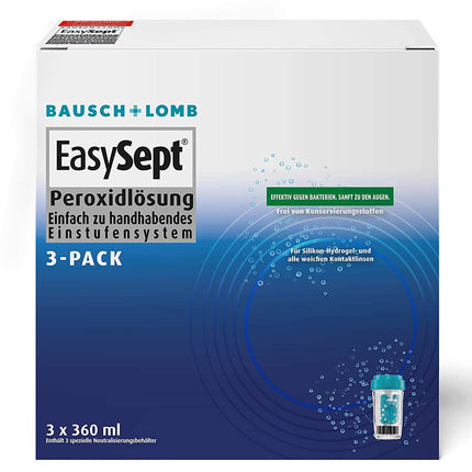 Bausch + Lomb EasySept peroksīda šķīdums mīksto kontaktlēcu tīrīšanai, bez konservantiem, ar trauku, 3 x 360 ml