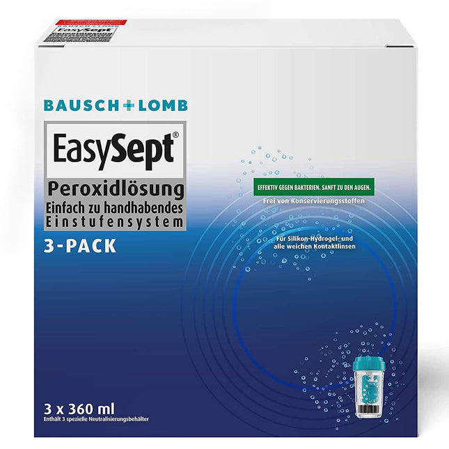 Bausch + Lomb EasySept peroksīda šķīdums mīksto kontaktlēcu tīrīšanai, bez konservantiem, ar trauku, 3 x 360 ml
