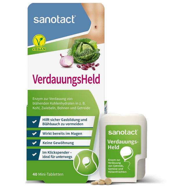 sanotact Digestive Hero (40 mini tabletes) • Pret vēdera uzpūšanos, meteorismu, pilnuma sajūtu. Gremošanas tabletes dozatorā ar klikšķi lietošanai ceļā. • Atbalsta gremošanu.