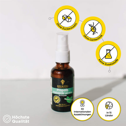 Bee&amp;You propolisa kakla aerosols ar medu (6%) 30 ml (nomierinošs maisījums, godīgas tirdzniecības, dabīgas un kontrolētas sastāvdaļas)