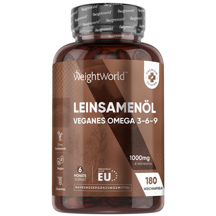 Omega 3 6 9 mīkstās kapsulas - no linsēklu eļļas - 180 vegānas mīkstās kapsulas - 1000 mg vienā mīkstajā kapsulā - alternatīva aļģu eļļai - alfa linolēnskābe, linolskābe, oleīnskābe - linsēklu eļļa - WeightWorld