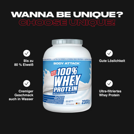 Body Attack 100% sūkalu proteīns - Cookies n Cream, 2,3 kg - ražots Vācijā - īpaši krēmīgs proteīna pulveris ar hidrolizātu un BCAA, atbalsta muskuļu augšanu un diētas, visiem sportistiem un sievietēm