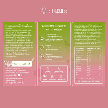 BitterLiebe® rūgto vielmaiņas komplekss - 90 augstas devas kapsulas ar holīnu, cinku, vitamīniem un rūgtajām vielām - normālai tauku un enerģijas vielmaiņai - vegāns un ražots Vācijā