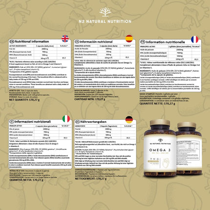 Augstas devas Omega 3 kapsulas ar 2000 mg zivju eļļas, 700 mg EPA un 500 mg DHA, zivju eļļa ar E vitamīnu un omega 3 taukskābēm. 120 mīkstās želejas kapsulas tīra jūras zivju eļļa N2 Natural Nutrition