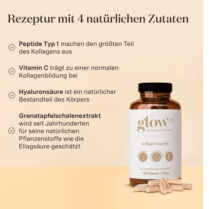Glow25® kolagēna kapsulas ar augstu devu [180 kapsulas] ar hialuronskābi un C vitamīnu | Augstākās kvalitātes kolagēna komplekss | Laboratorijā pārbaudīts