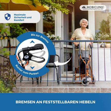 Mobiclinic, Caleta modelis, Rollators, Staigulīši senioriem un cilvēkiem ar invaliditāti, Ar 3 riteņiem, Salokāms staigāšanas palīglīdzeklis, Tērauds, Regulējams, Grozs, Pārnēsāšanas soma, Bremzes uz svirām, Oranžs