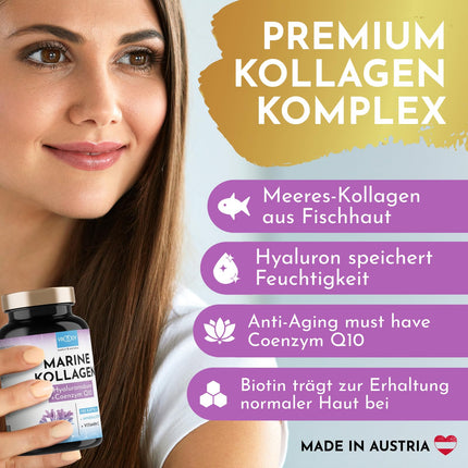 Augstākās kvalitātes jūras kolagēna kombinācija 1000 mg + Q10, hialuronskābe, varš, mangāns, C vitamīns, cinks un biotīns veicina normālas ādas un matu veselības uzturēšanu; Ražots Austrijā, uzņēmumā VROODY - testa rezultāts ĻOTI LABS!