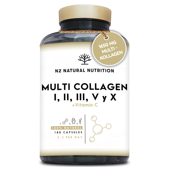 Multi kolagēna kapsulas. Augsta deva – 1650 mg. Bagātinātas ar C vitamīnu. Hidrolizēti I, II, III, V, X tipa kolagēna peptīdi. 180 kapsulas. Ādai, matiem, kauliem un locītavām. N2 dabīgais uzturs