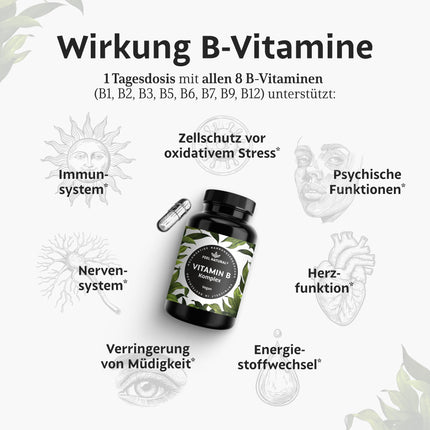 Augstas devas B vitamīnu komplekss - 180 vegānas kapsulas - Visi 8 B vitamīni (B1, B2, B3, B5, B6, B7, B9, B12) - 500µg B12 vitamīna - bioaktīvās B vitamīna formas - laboratoriski pārbaudītas, ražotas Vācijā